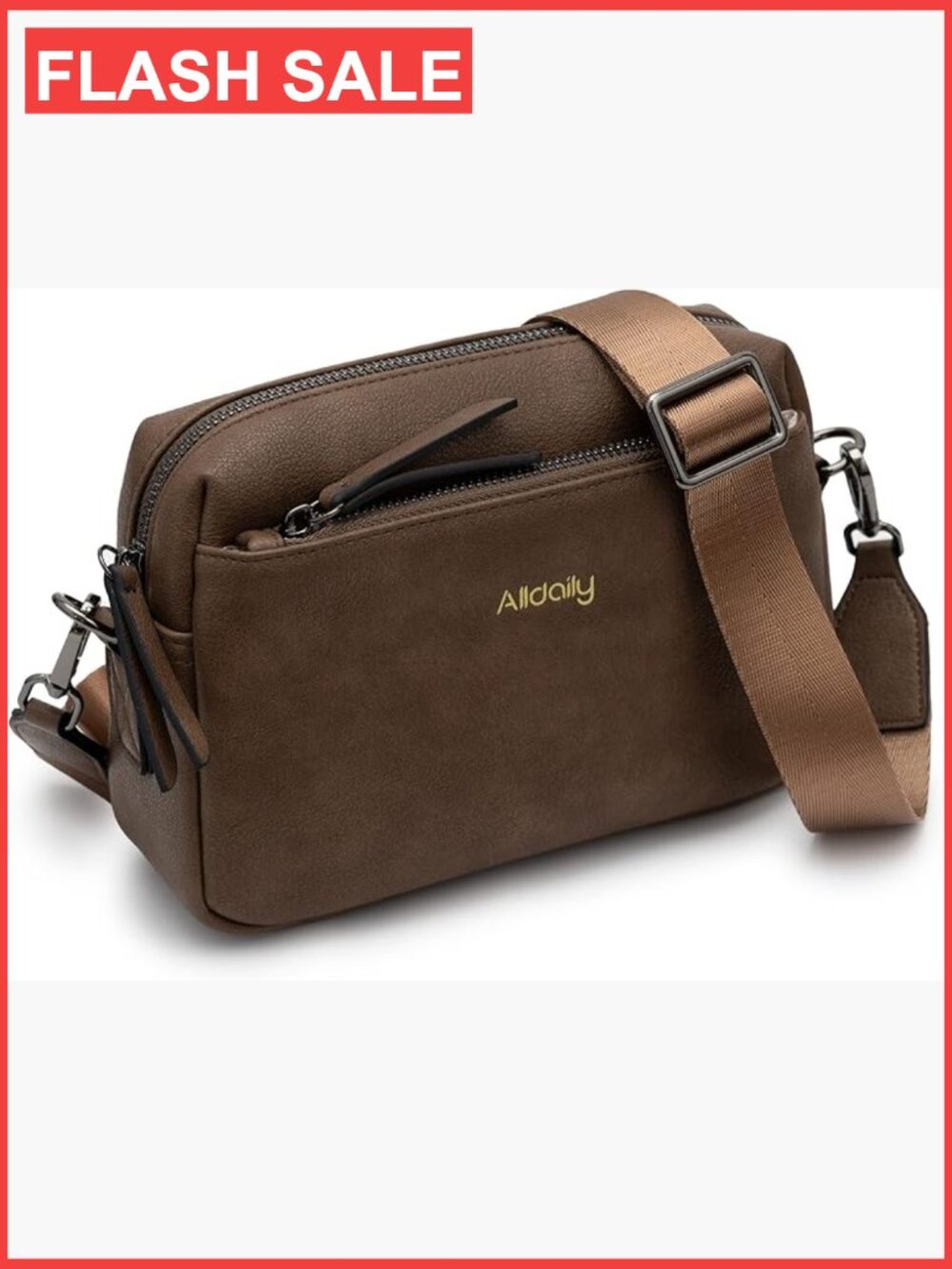 Small Triple Zip Vegan Leather Crossbody Purse with Wide Strap